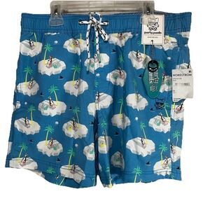 NEW Party Pants Men's size M Swim‎ Trunks short penguin Pockets blue drawstring